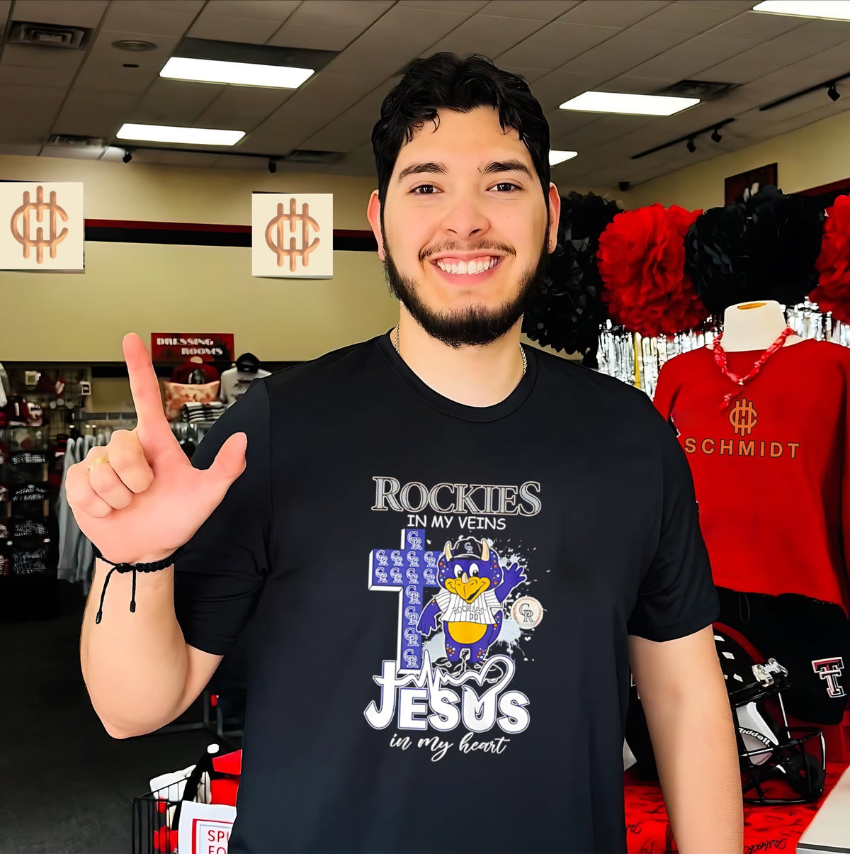 Colorado Rockies Rockies in my veins Jesus in my heart mascot cross shirt