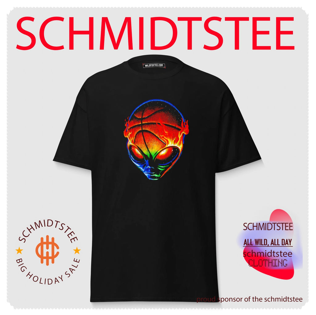 Colorful flaming alien basketball graphic shirt