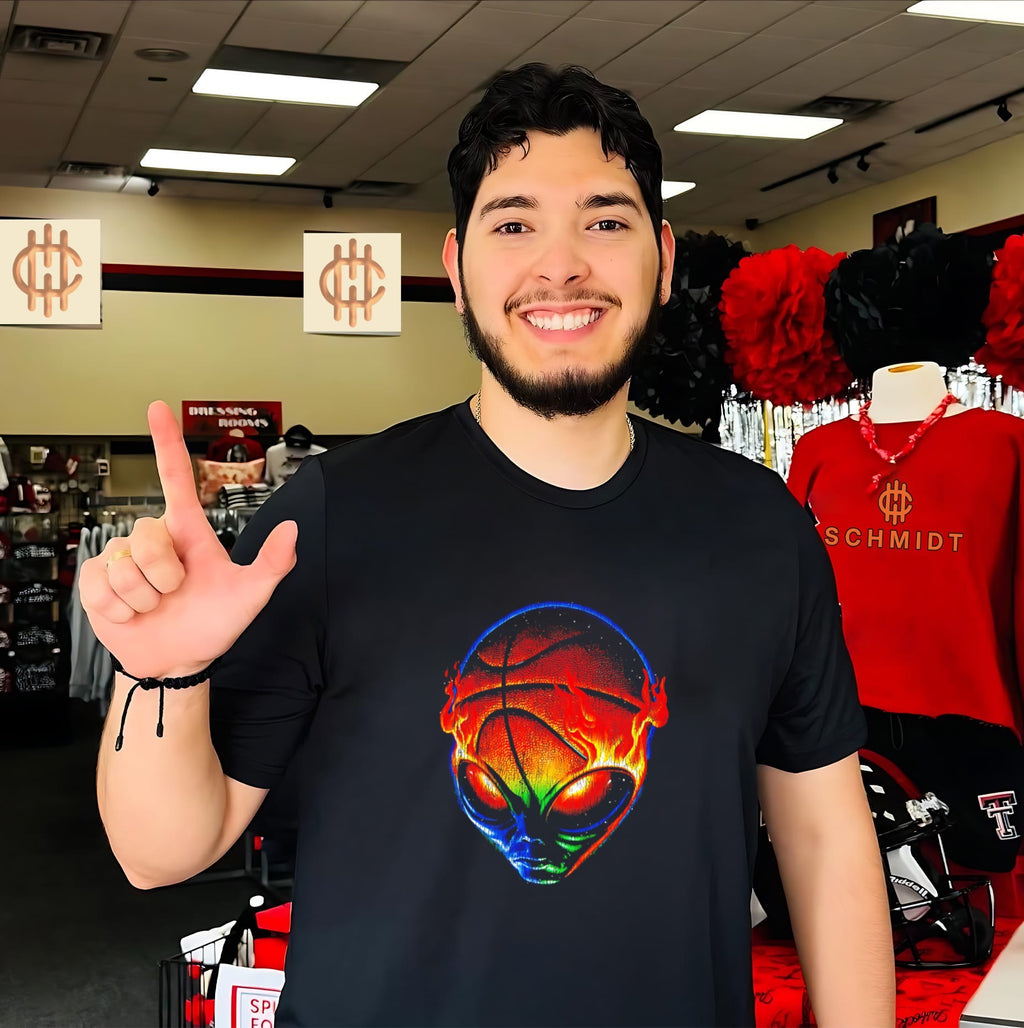 Colorful flaming alien basketball graphic shirt