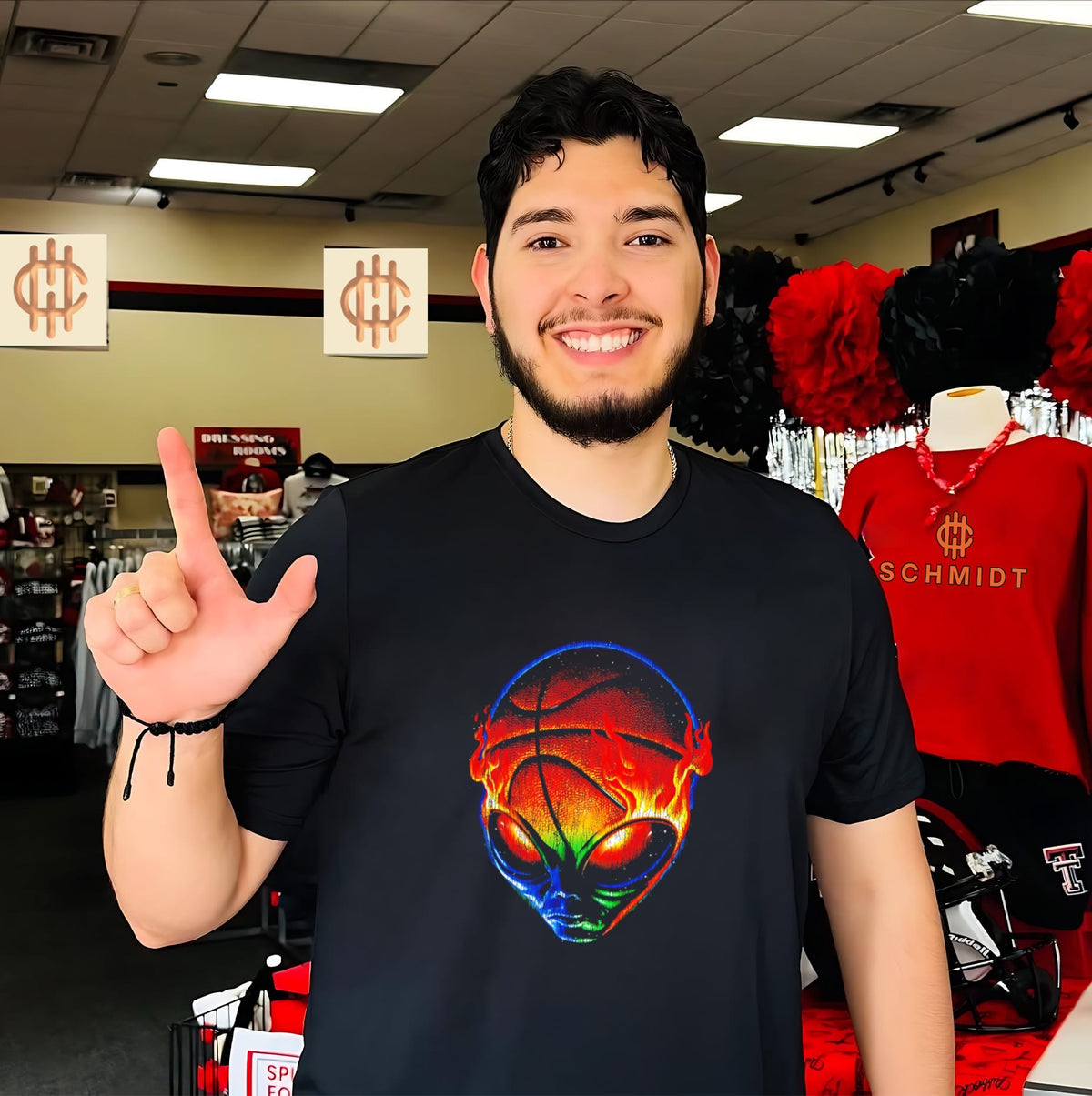 Colorful flaming alien basketball graphic shirt