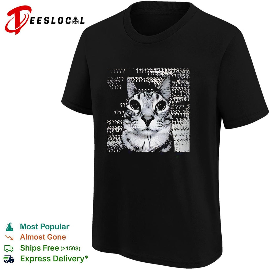 Confused tabby cat surrounded by question marks meme shirt