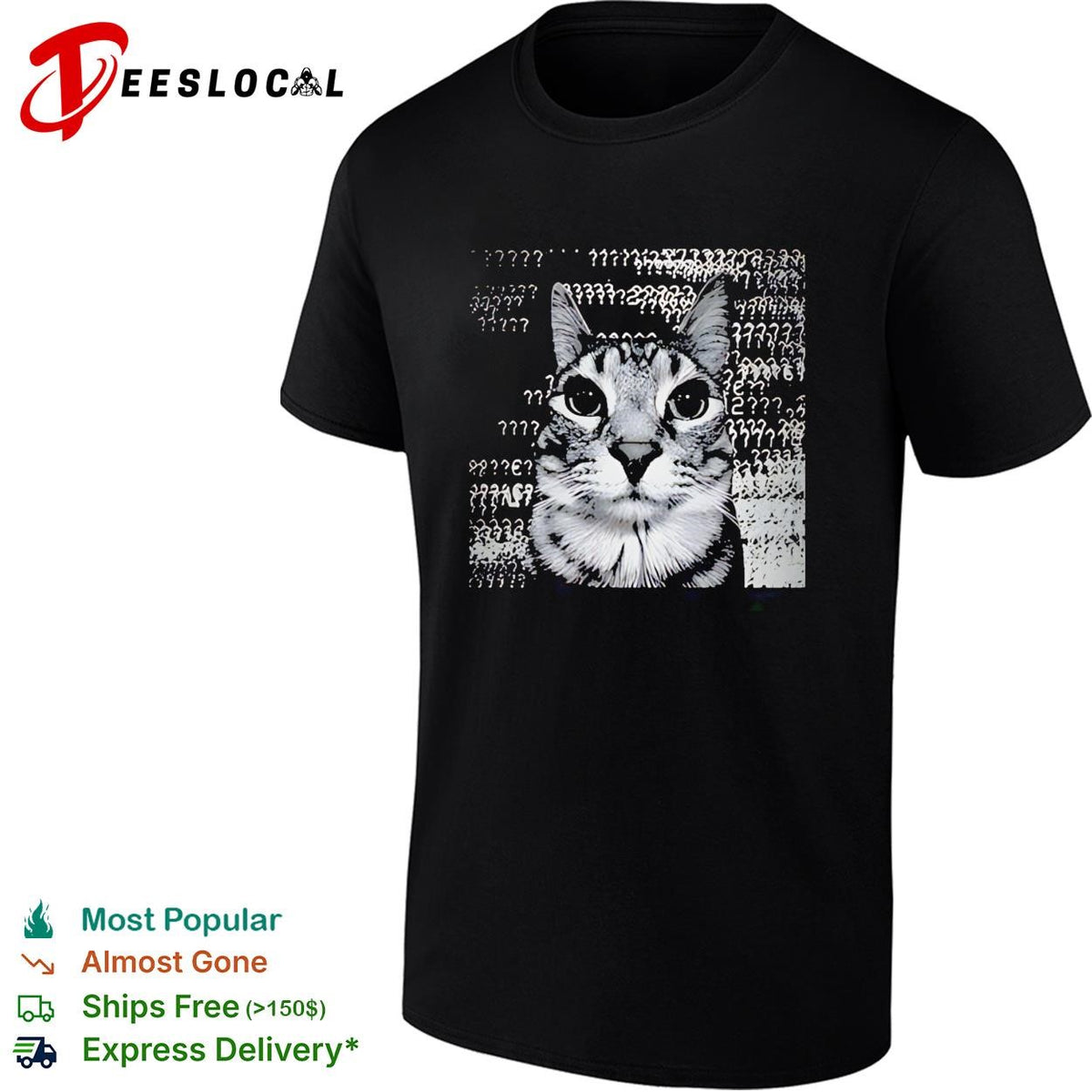 Confused tabby cat surrounded by question marks meme shirt