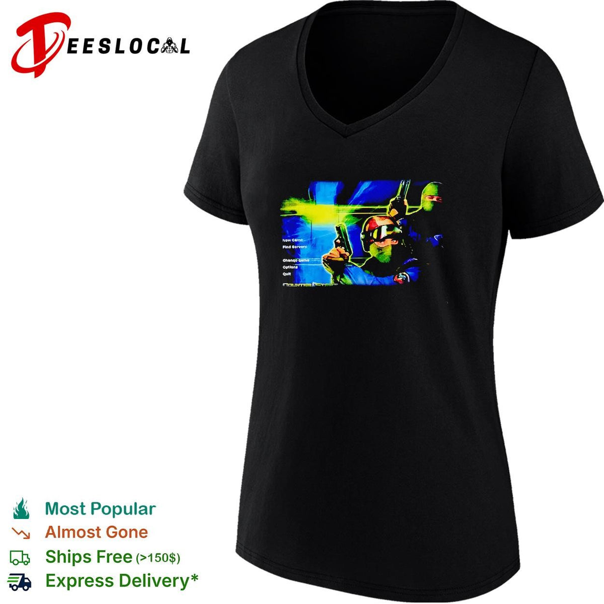 Counter Strike New Game Find Servers Change game Options Quit shirt
