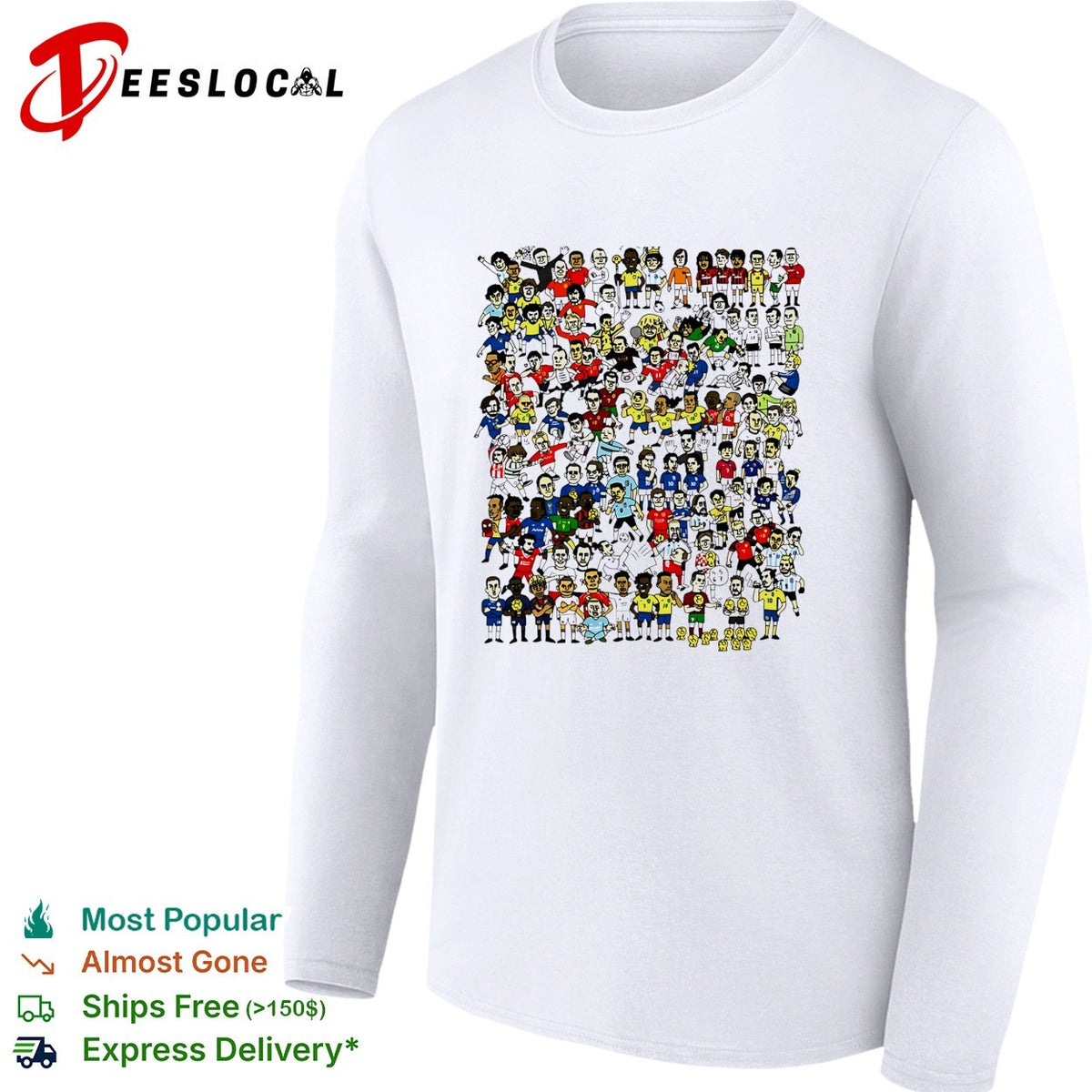 Crowd of cartoon soccer player figures sticker style collage illustration shirt