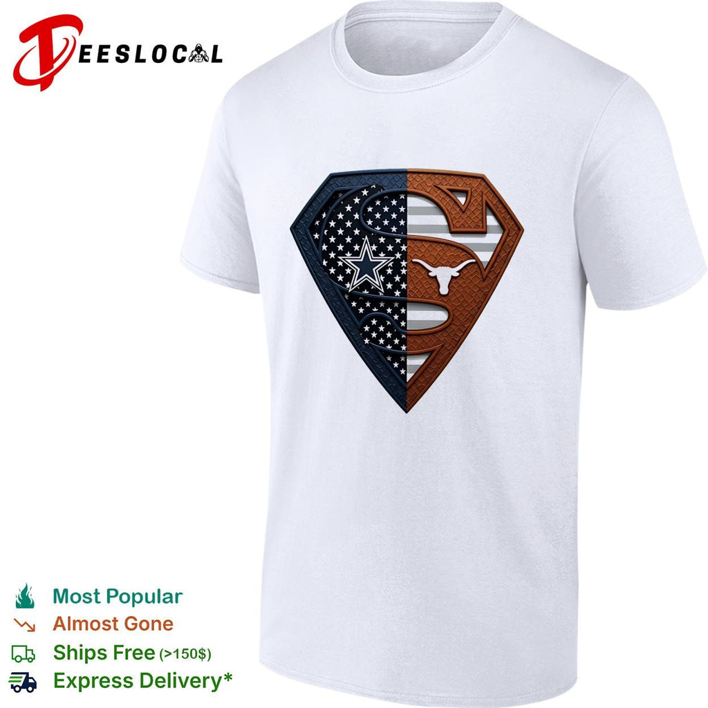 Dallas Cowboys Texas Longhorns Superman shield split dual fan logo shirt