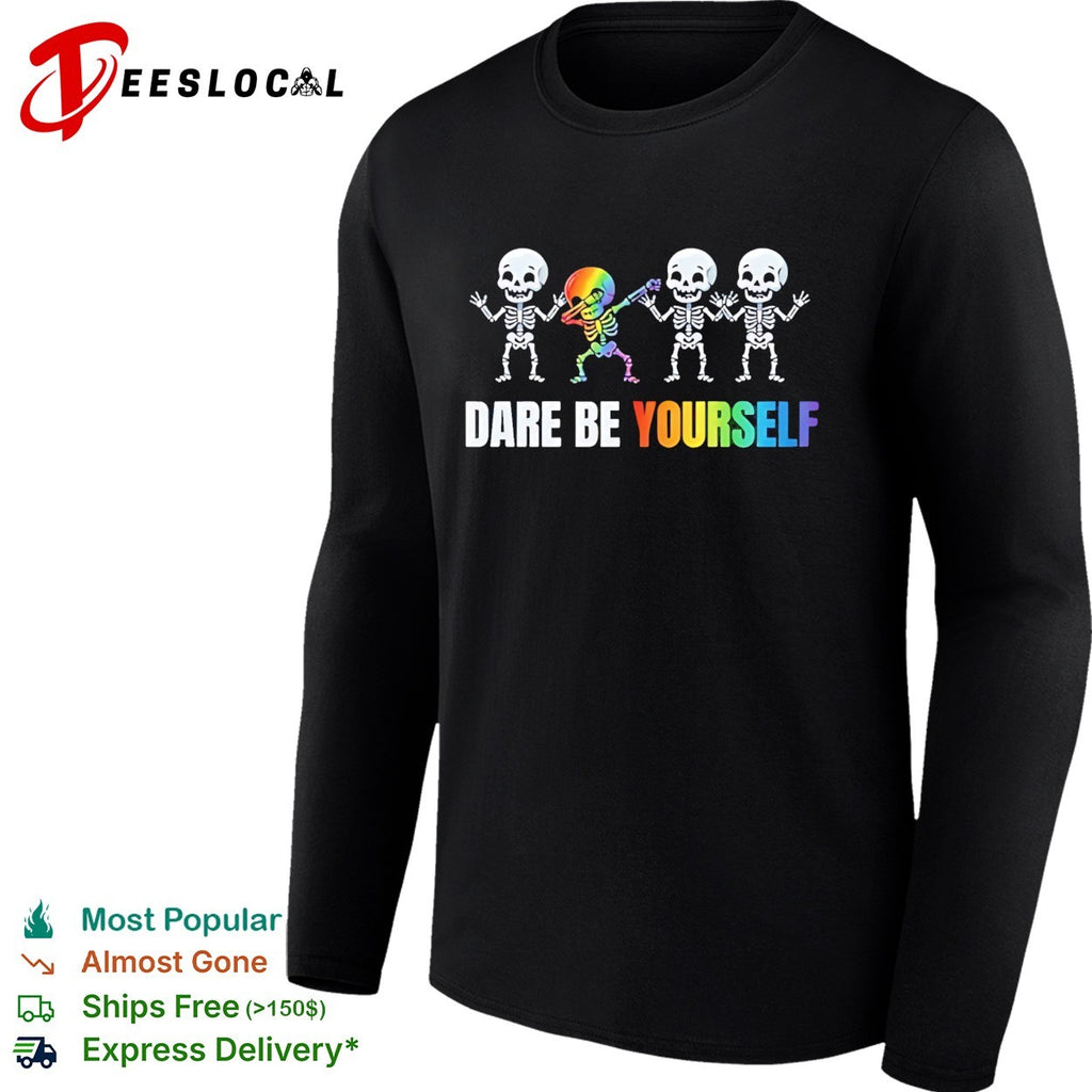 Dare be yourself rainbow skeleton dabbing design for pride celebration shirt