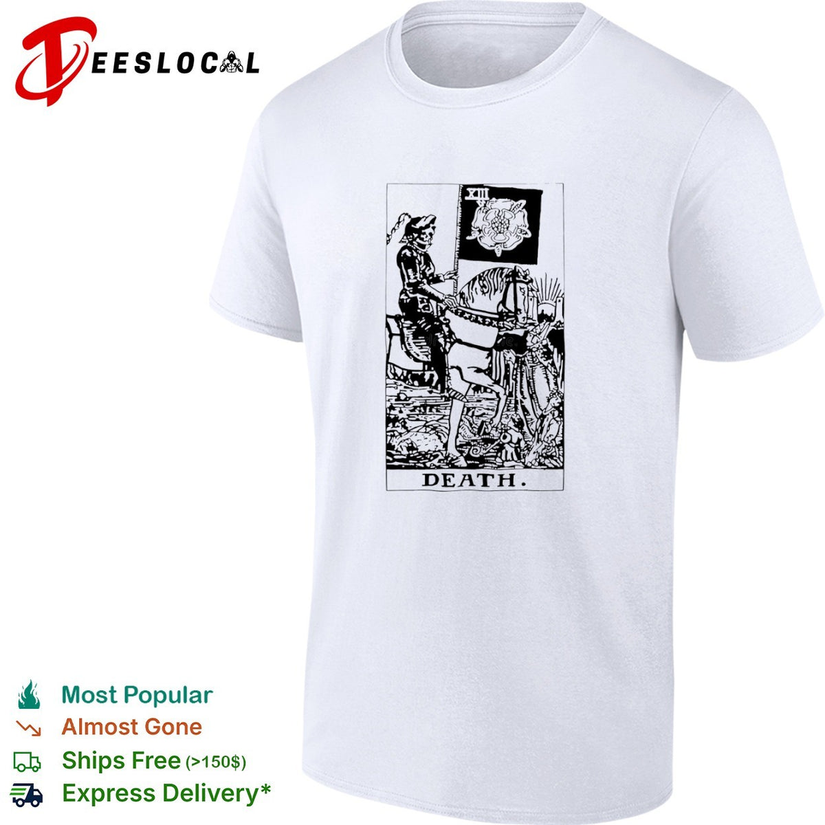 Death Tarot Card XIII Skeleton Riding Horse and Black Rose shirt