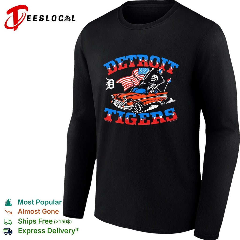 Detroit Tigers x Grateful Dead skeleton car flag MLB graphic shirt
