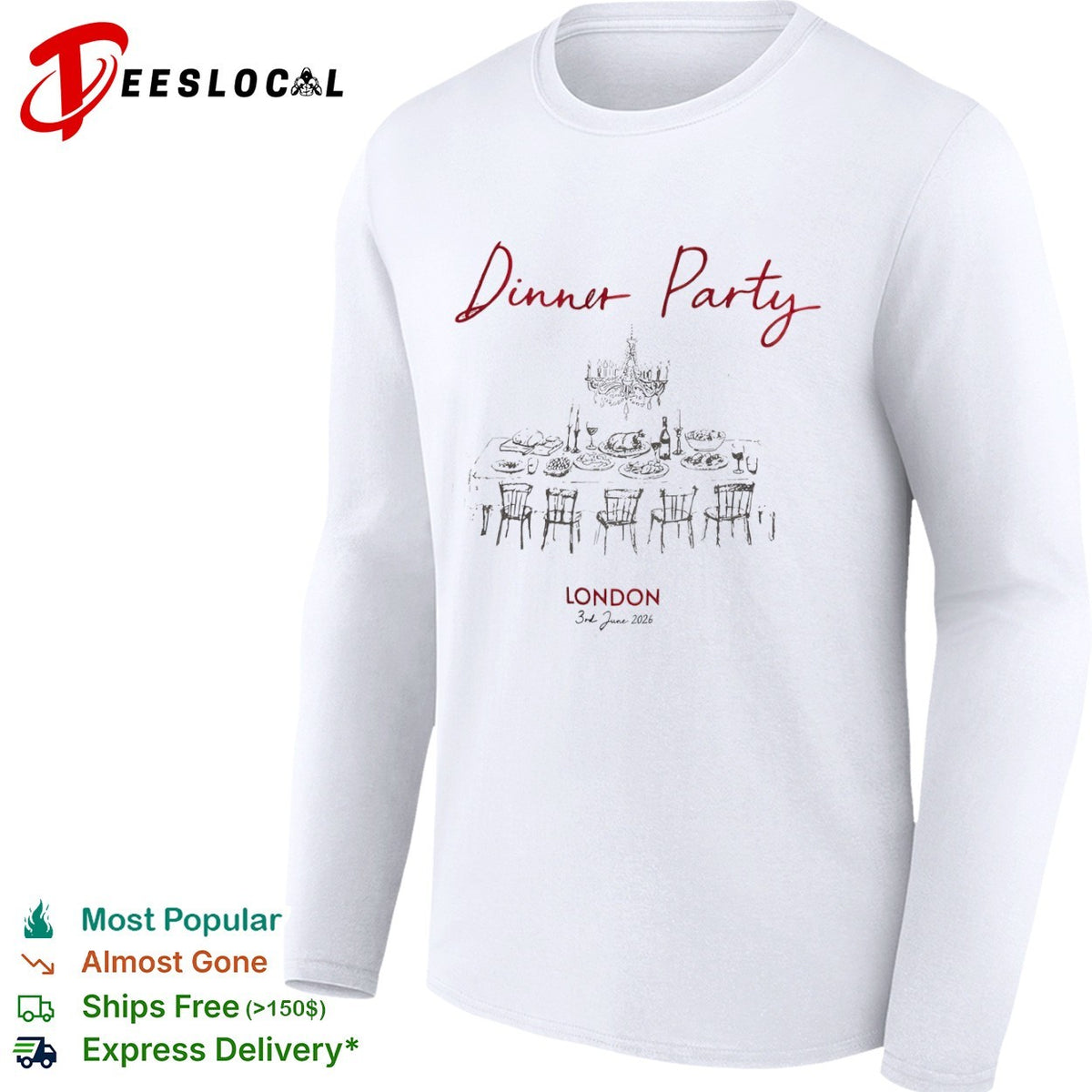 Dinner Party London 3rd June 2026 Table Chandelier Wine shirt