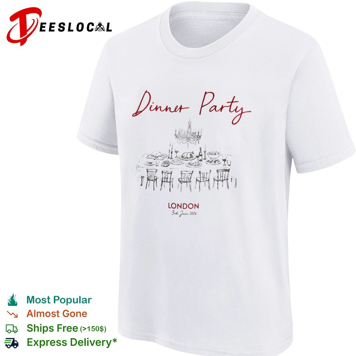 Dinner Party London 3rd June 2026 Table Chandelier Wine shirt