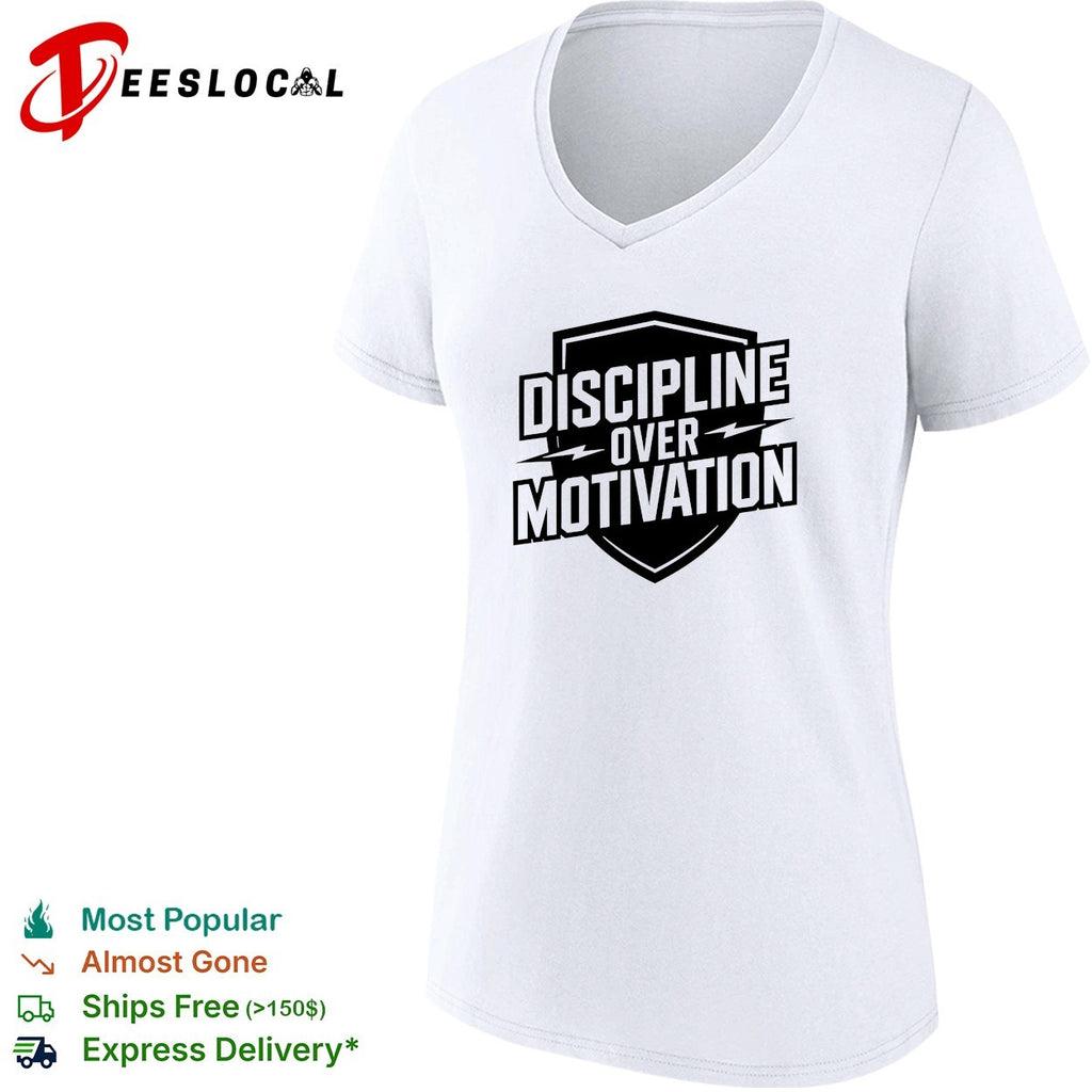 Discipline over Motivation shield text fitness motivational athletic gym shirt