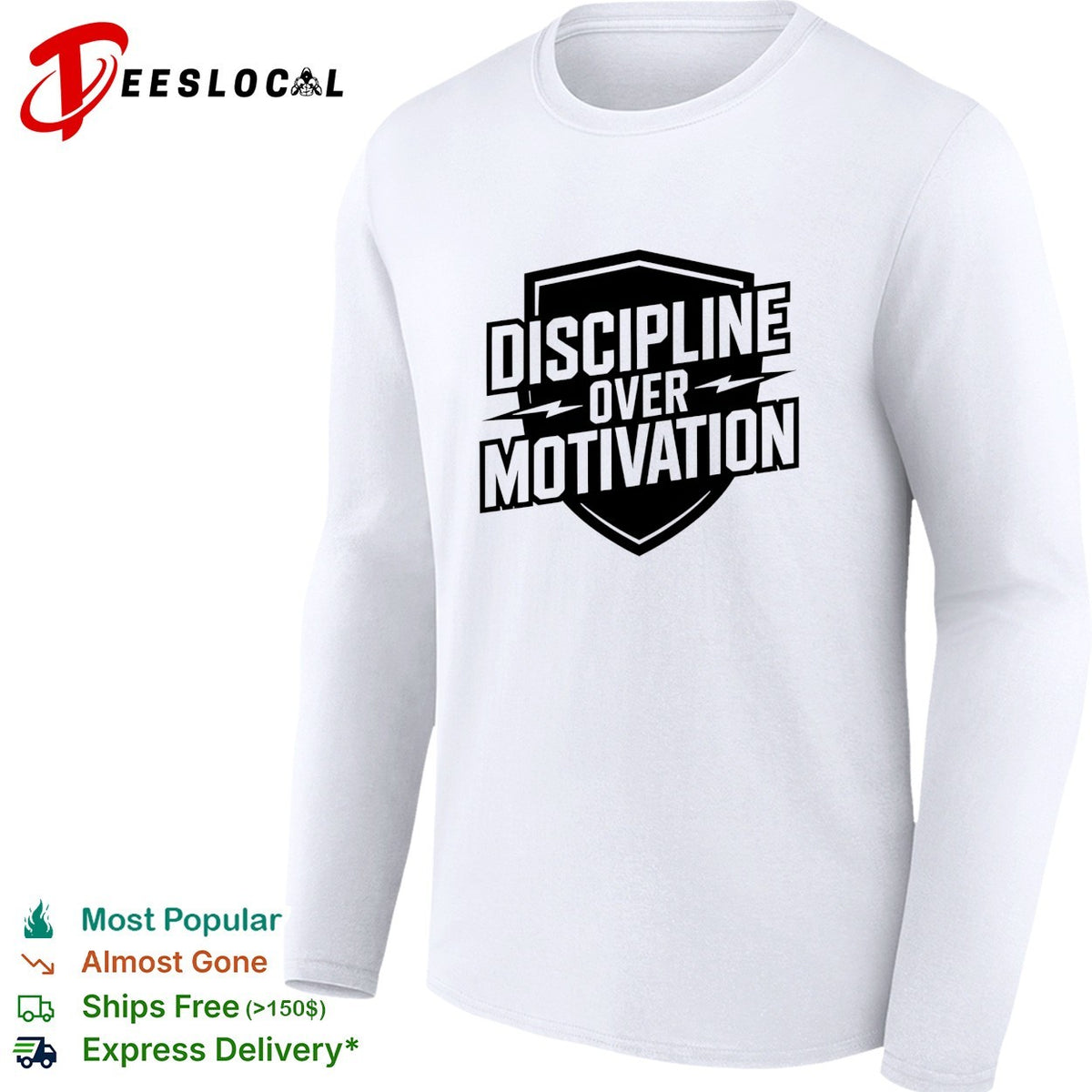 Discipline over Motivation shield text fitness motivational athletic gym shirt