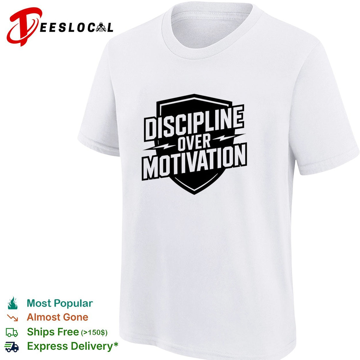 Discipline over Motivation shield text fitness motivational athletic gym shirt