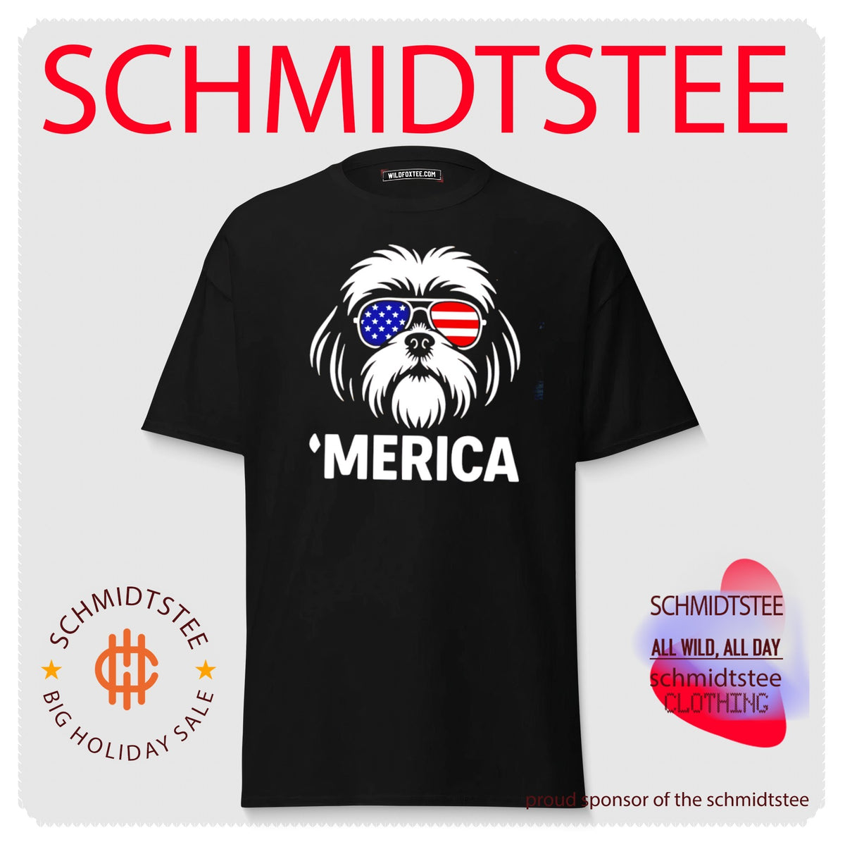 Dog wearing American flag sunglasses graphic shirt