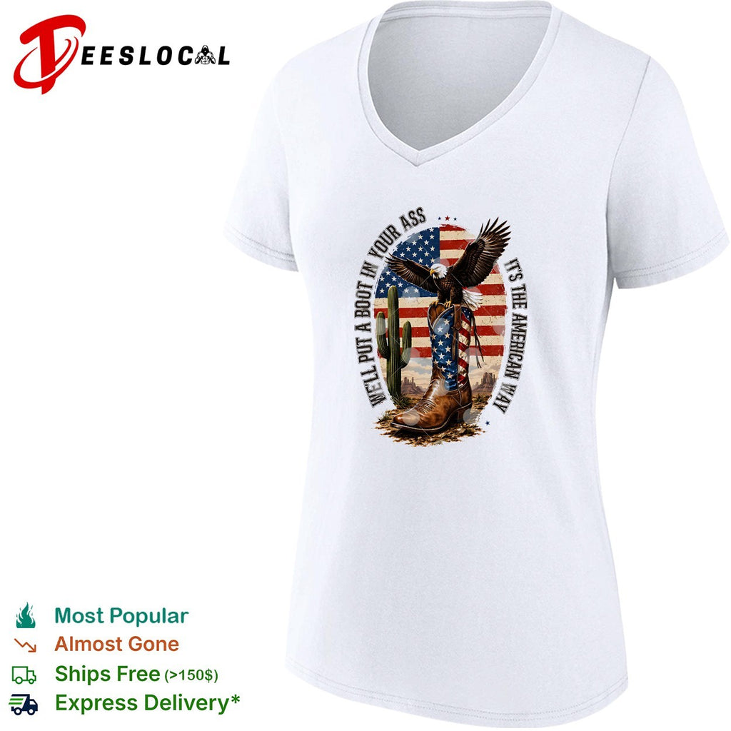Eagle cowboy boots USA flag desert patriotic slogan bold shirt