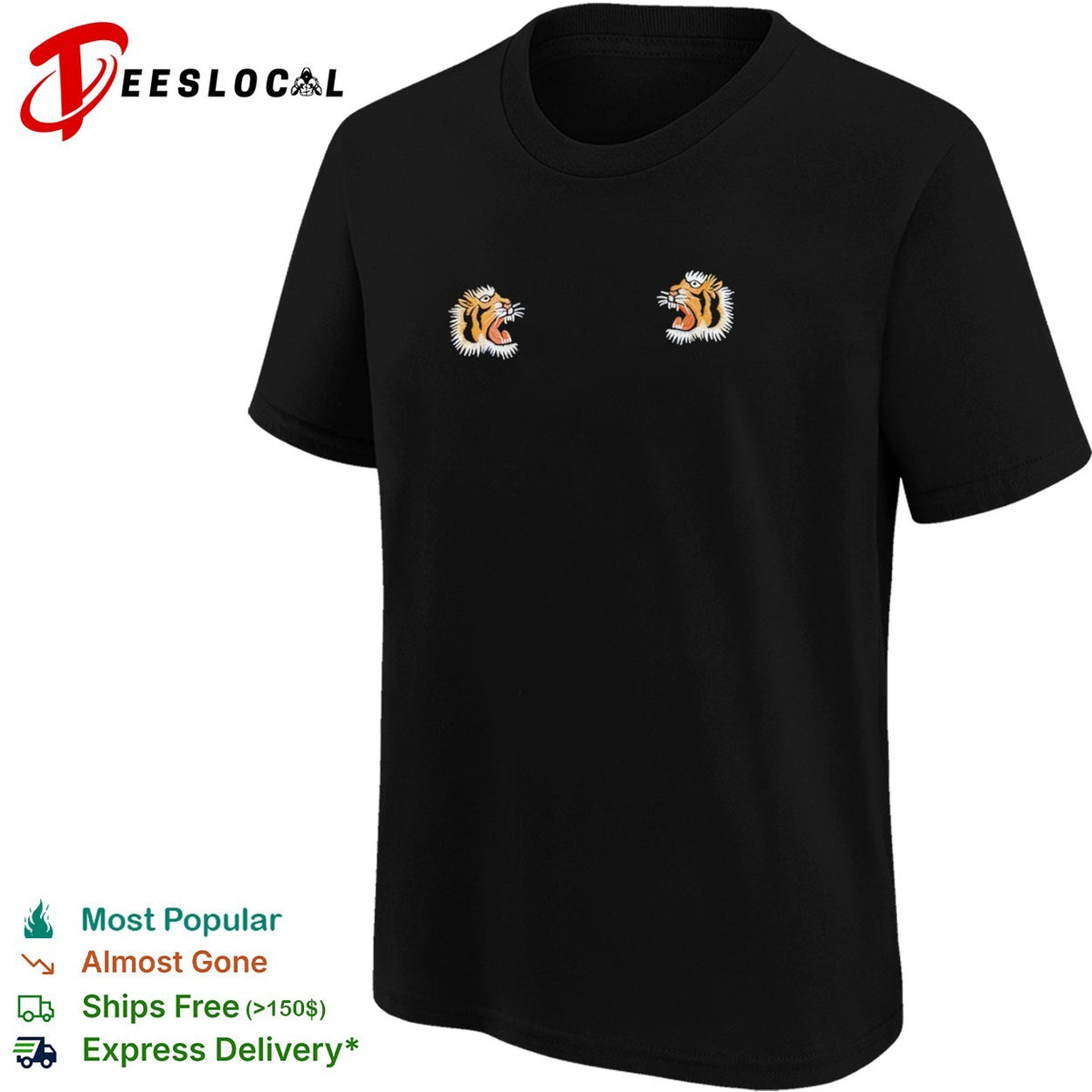 Embroidered Tiger Head Design on Black Apparel Premium Quality Cotton Crewneck shirt