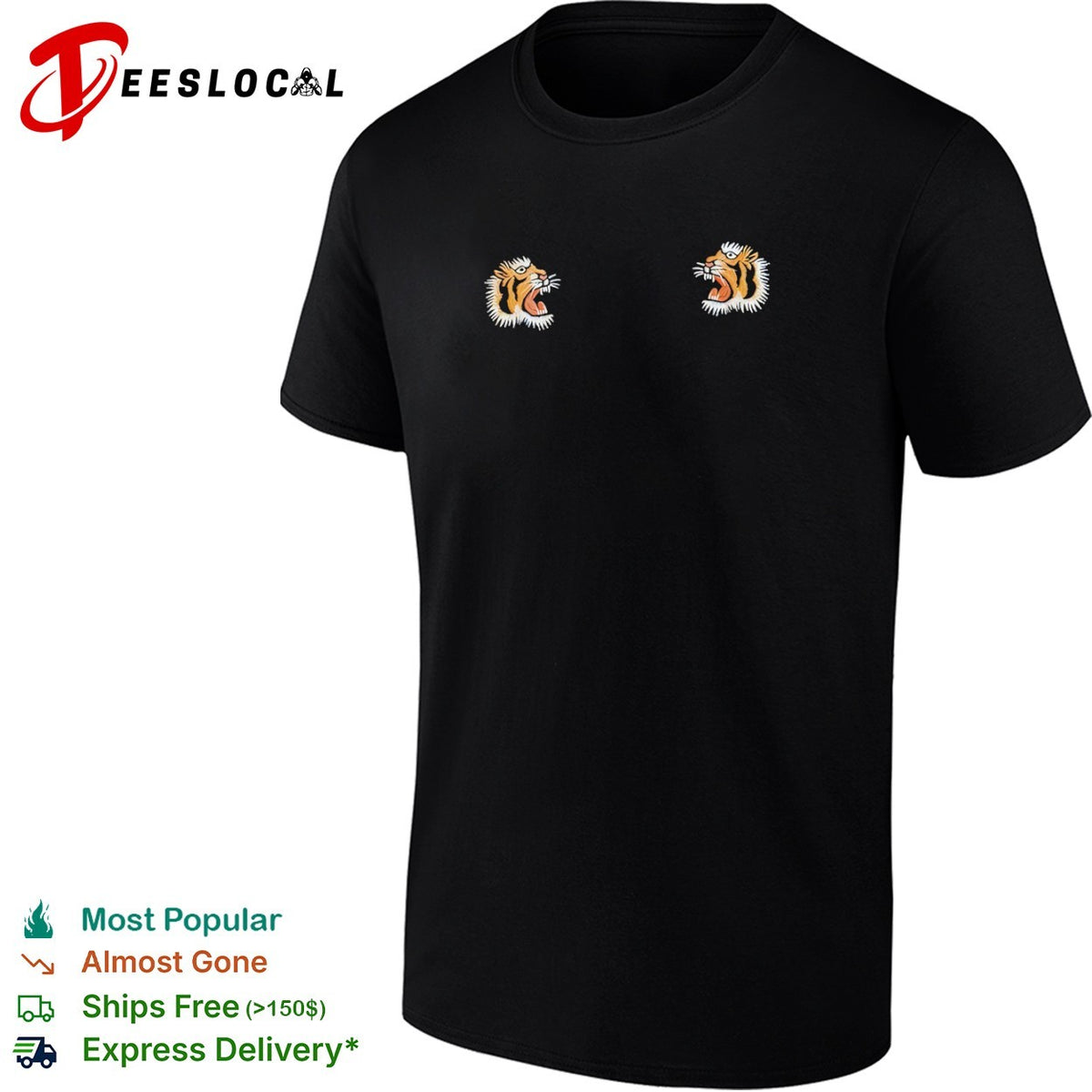 Embroidered Tiger Head Design on Black Apparel Premium Quality Cotton Crewneck shirt
