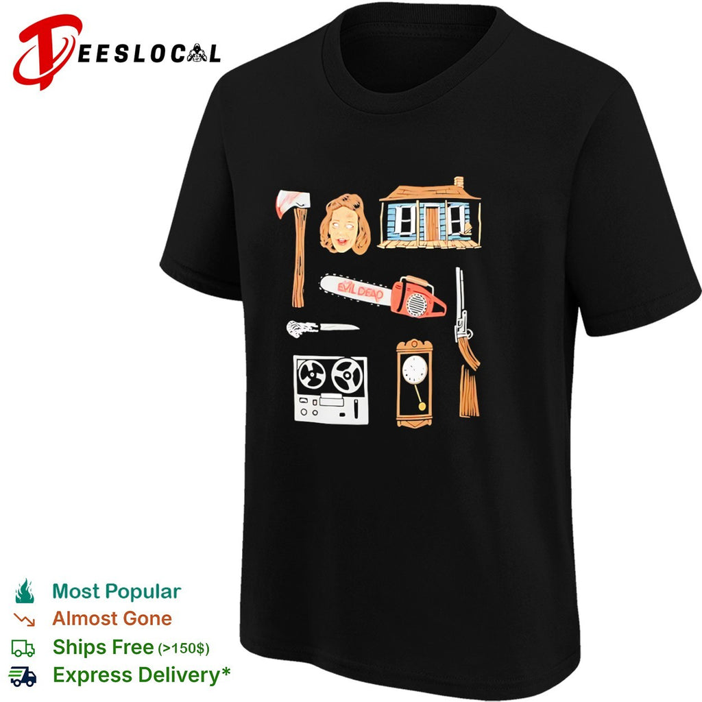 Evil Dead Horror Movie Icons Cabin Chainsaw Axe Tape Recorder Boomstick Shirt