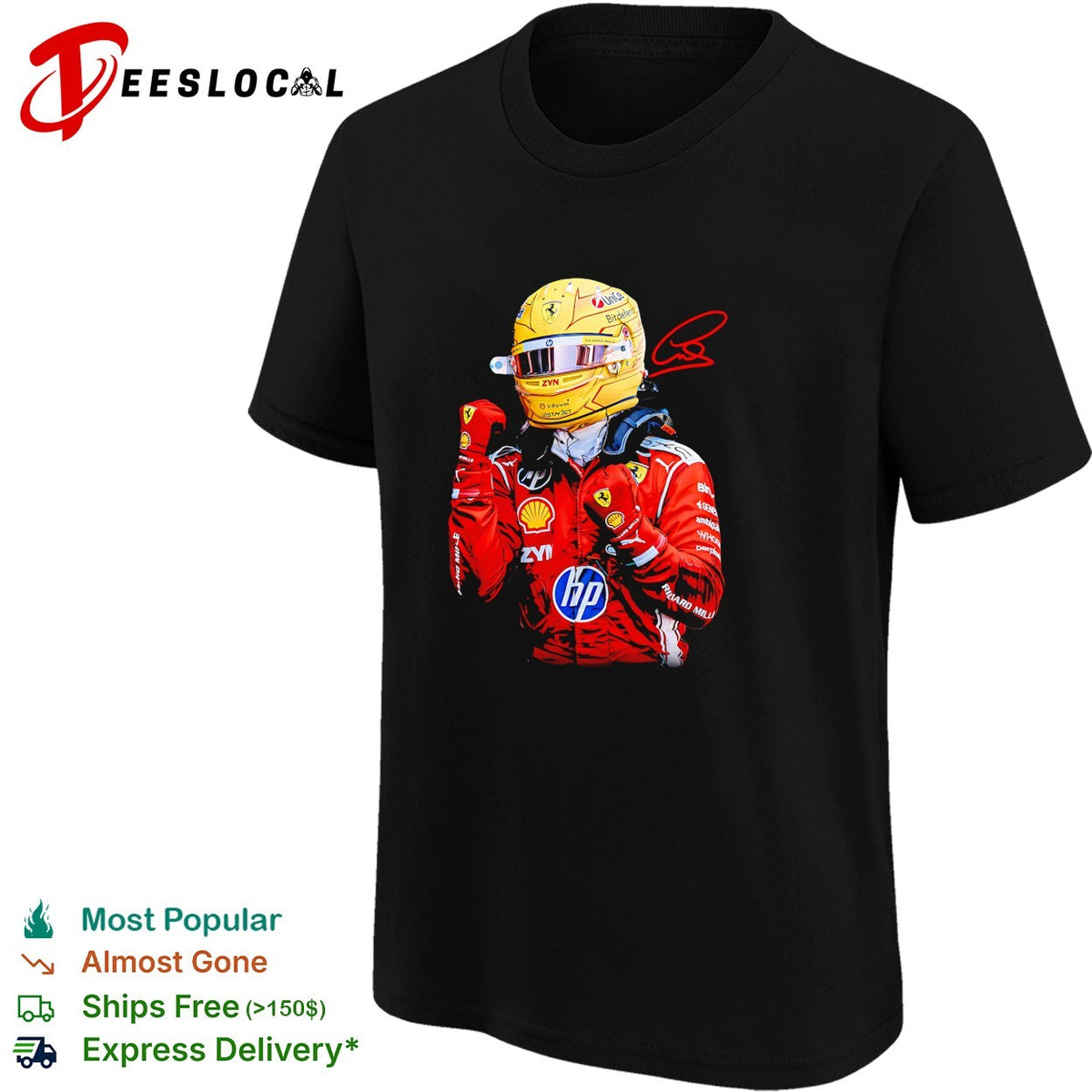 F1 Ferrari driver yellow helmet portrait autograph art shirt