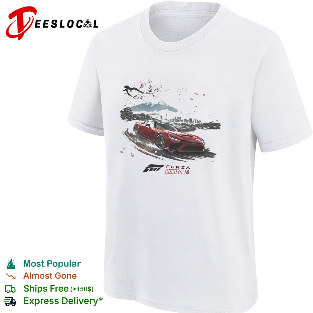 Forza Horizon 6 Red Sports Car with Mount Fuji and Tokyo Cityscape Japan shirt
