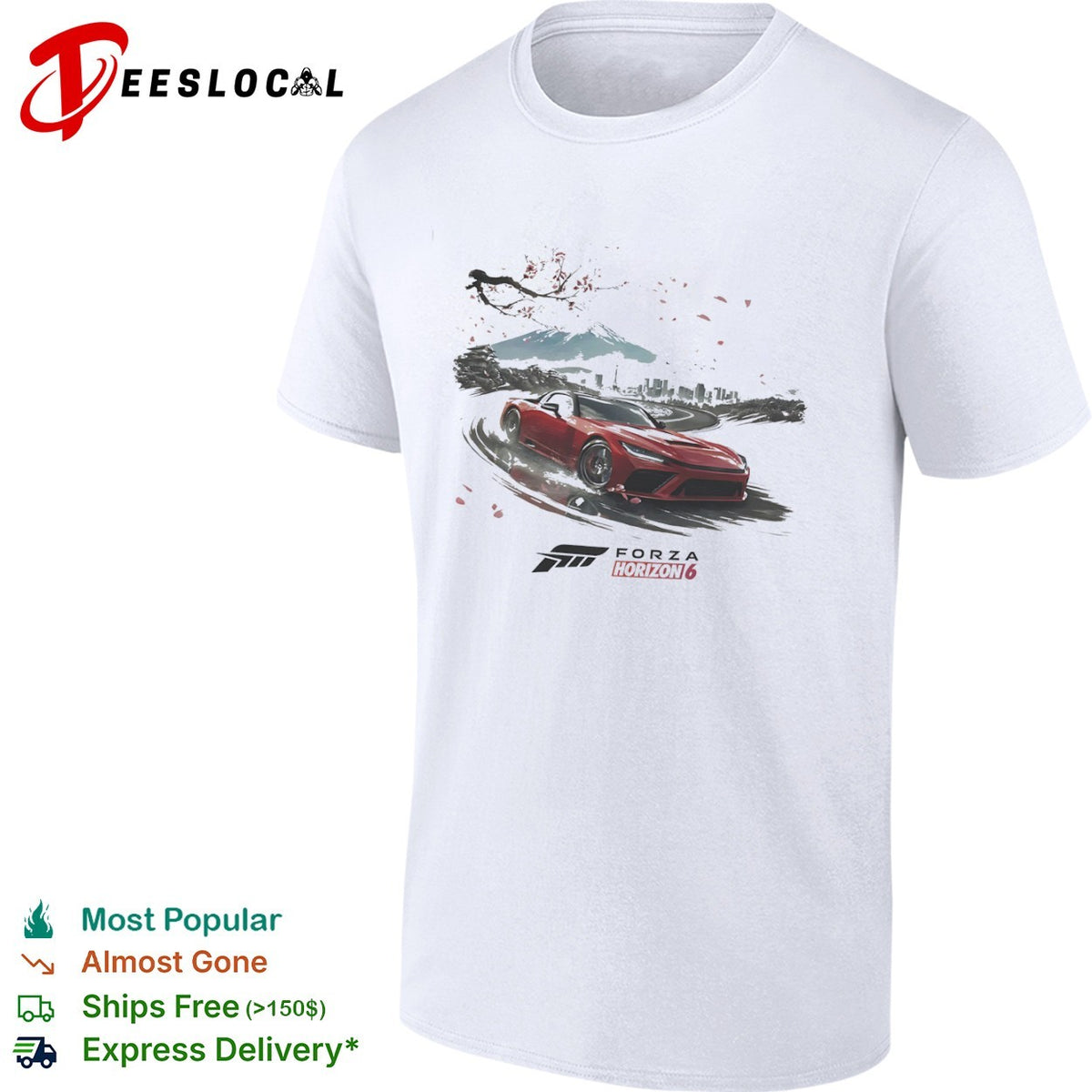 Forza Horizon 6 Red Sports Car with Mount Fuji and Tokyo Cityscape Japan shirt