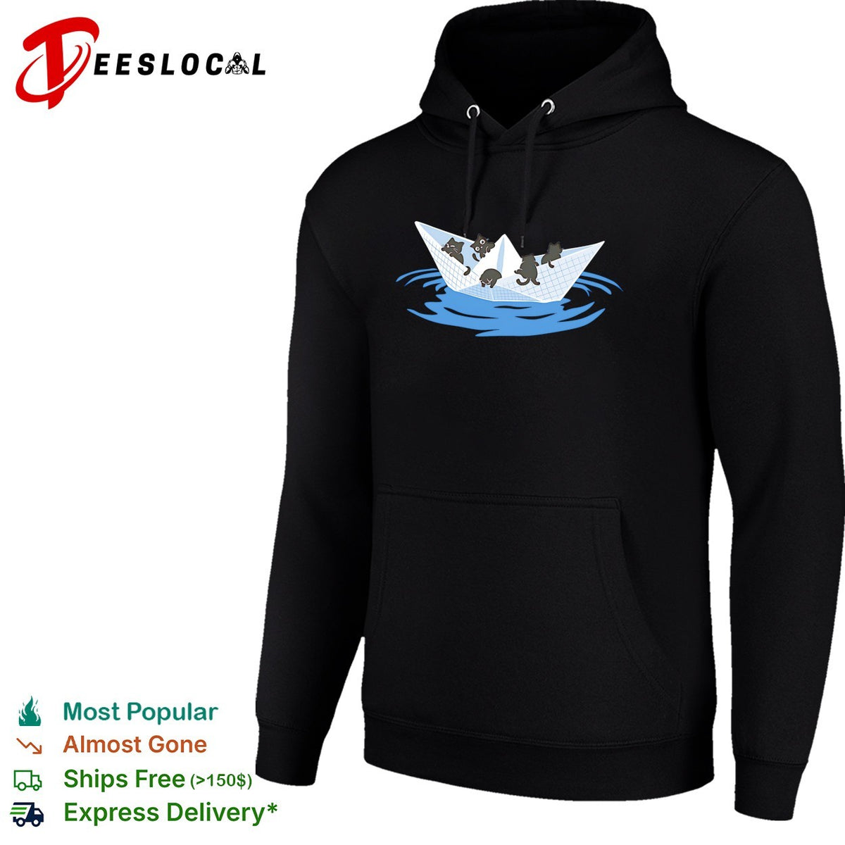 Four cats riding paper boat sailing on water cute illustration shirt