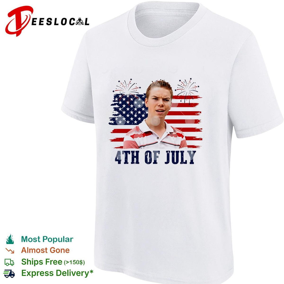 Fourth of July young man surprised face USA flag fireworks shirt