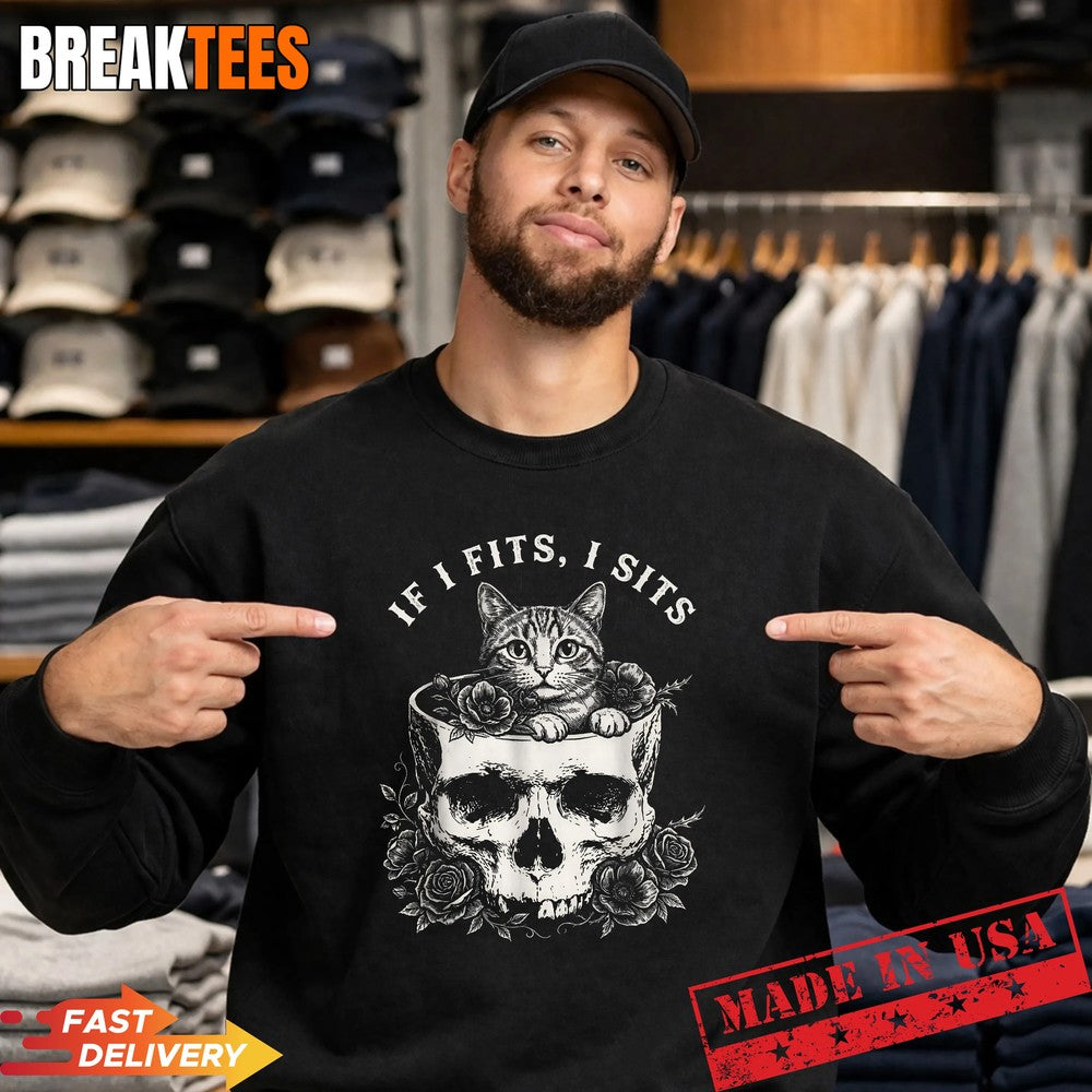 Funny If It Fits I Sits Cat with Skull Meme Humor Shirt