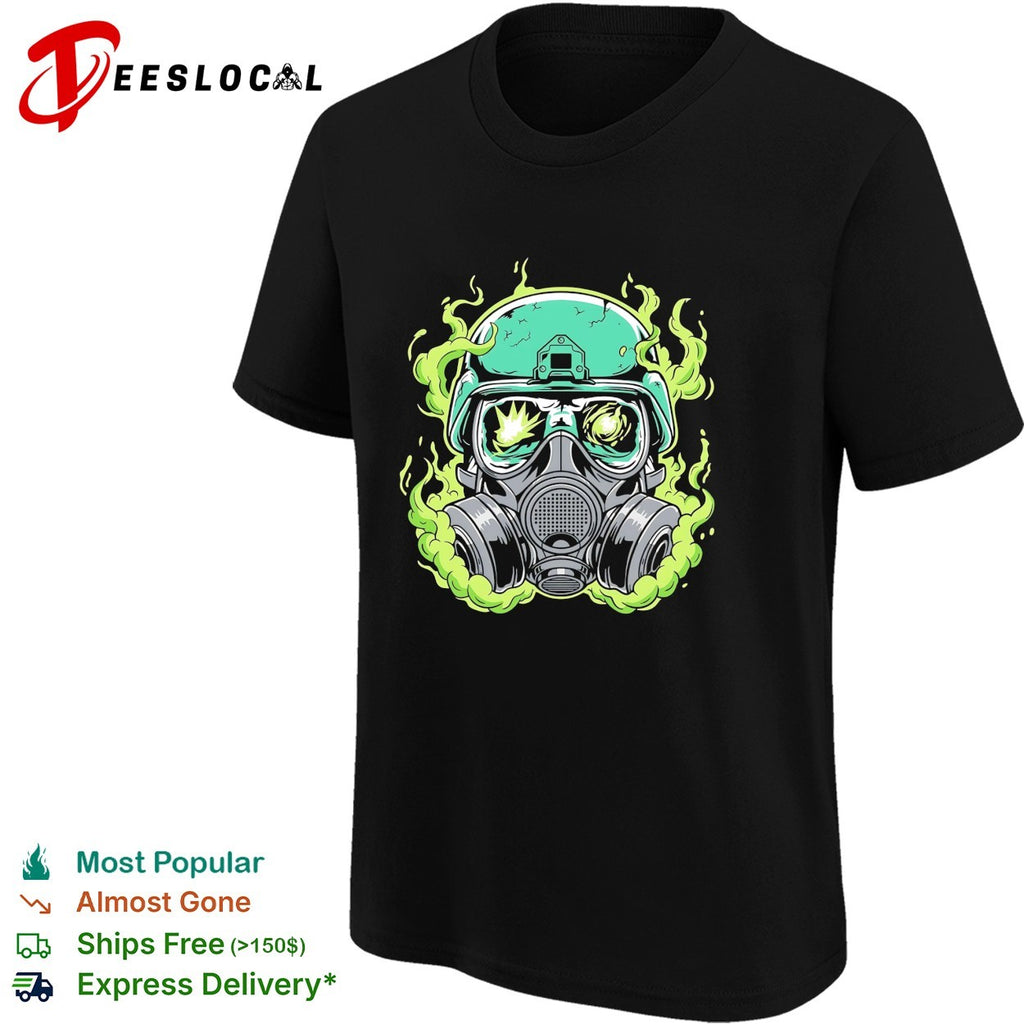 Gas mask soldier with green smoke and explosion goggles illustration graphic shirt