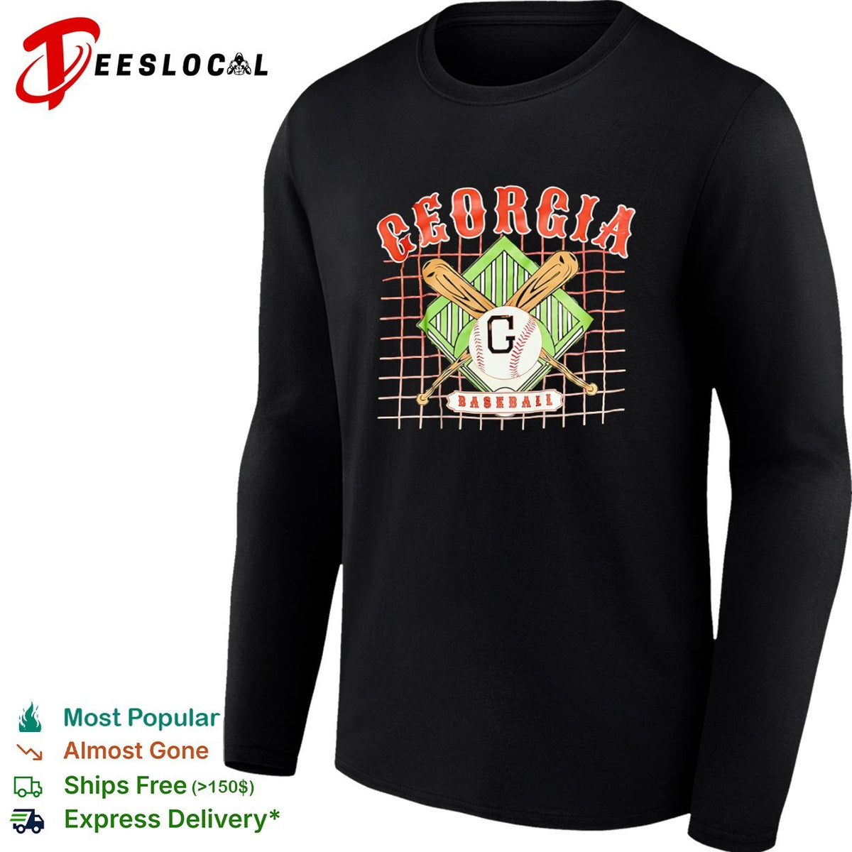 Georgia Baseball G logo with crossed bats and grid background university shirt