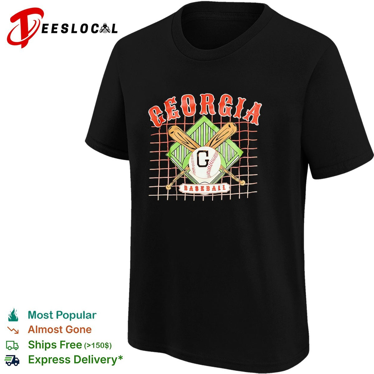 Georgia Baseball G logo with crossed bats and grid background university shirt