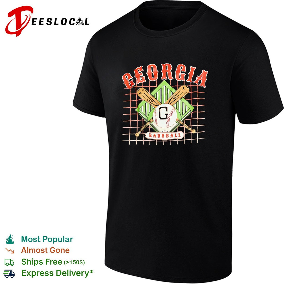 Georgia Baseball G logo with crossed bats and grid background university shirt