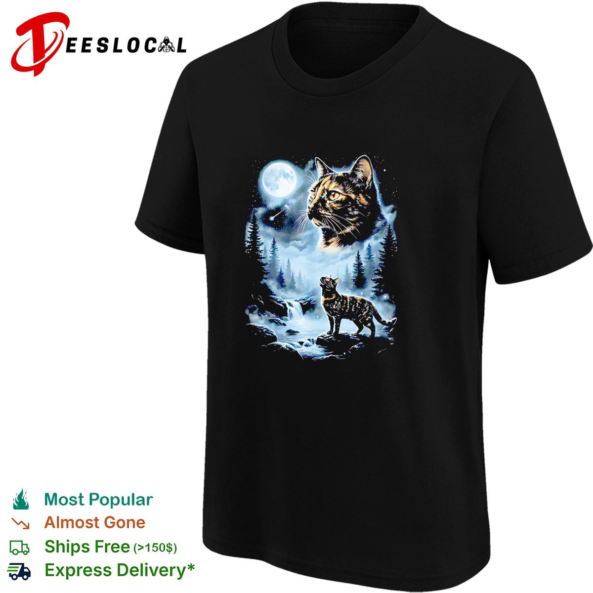 Giant cat moon face forest waterfall night scene mystical art shirt