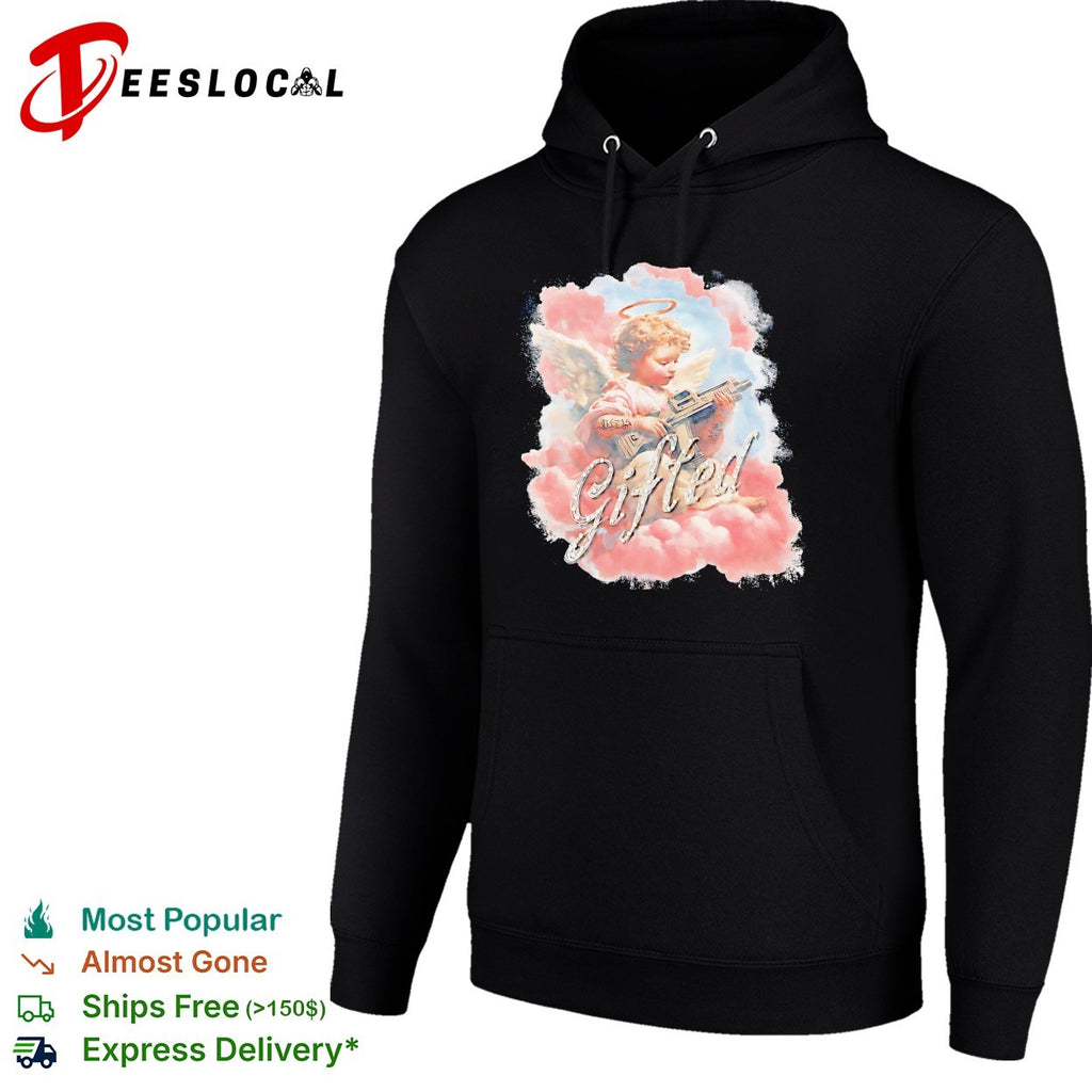 Gifted Cherub with Halo and Submachine Gun GFTD LA Black Airbrushed Aesthetic shirt