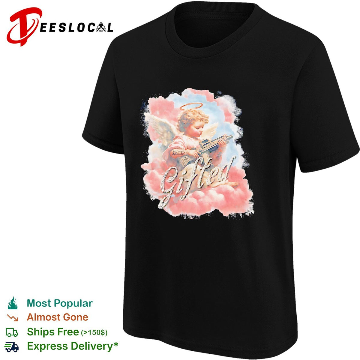 Gifted Cherub with Halo and Submachine Gun GFTD LA Black Airbrushed Aesthetic shirt