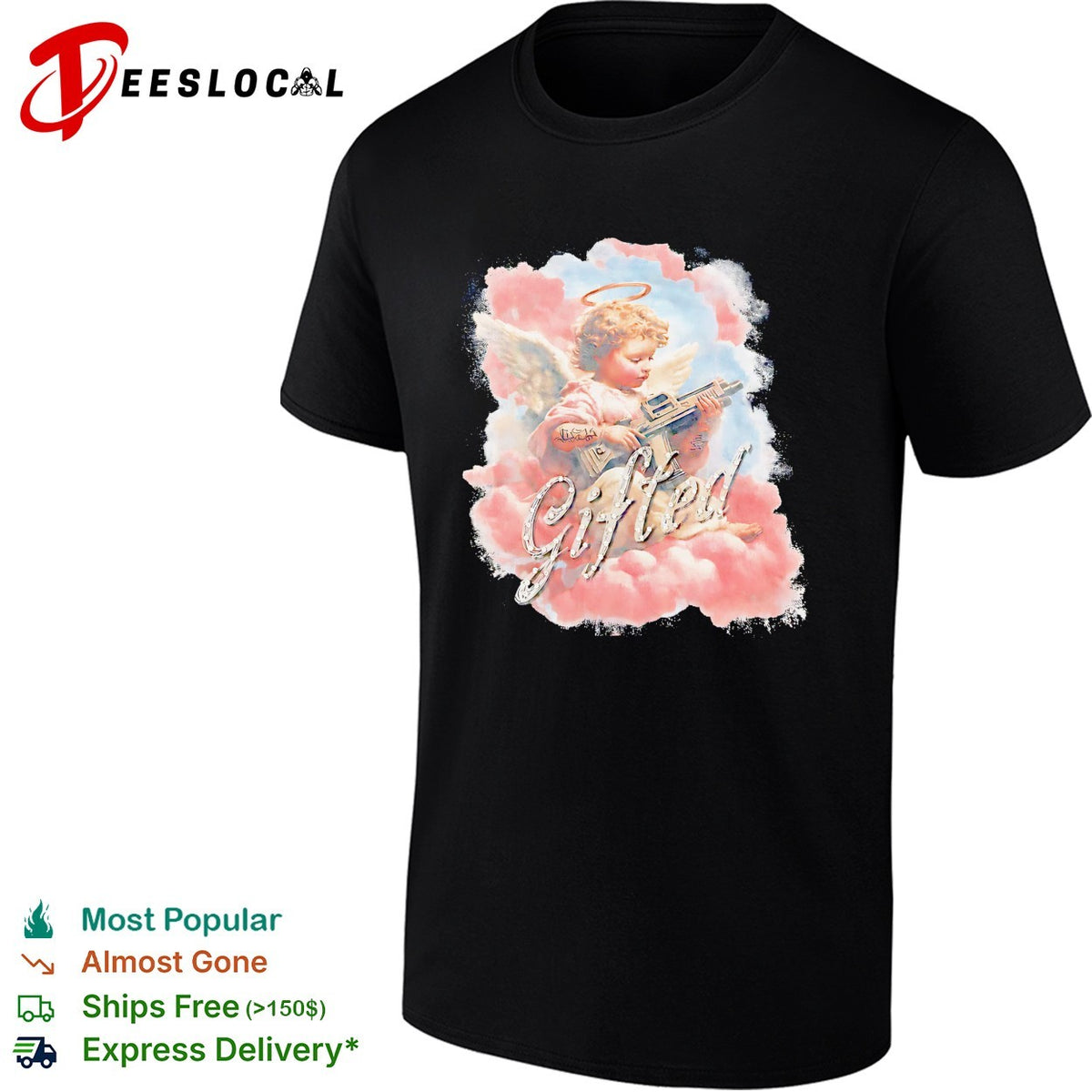 Gifted Cherub with Halo and Submachine Gun GFTD LA Black Airbrushed Aesthetic shirt