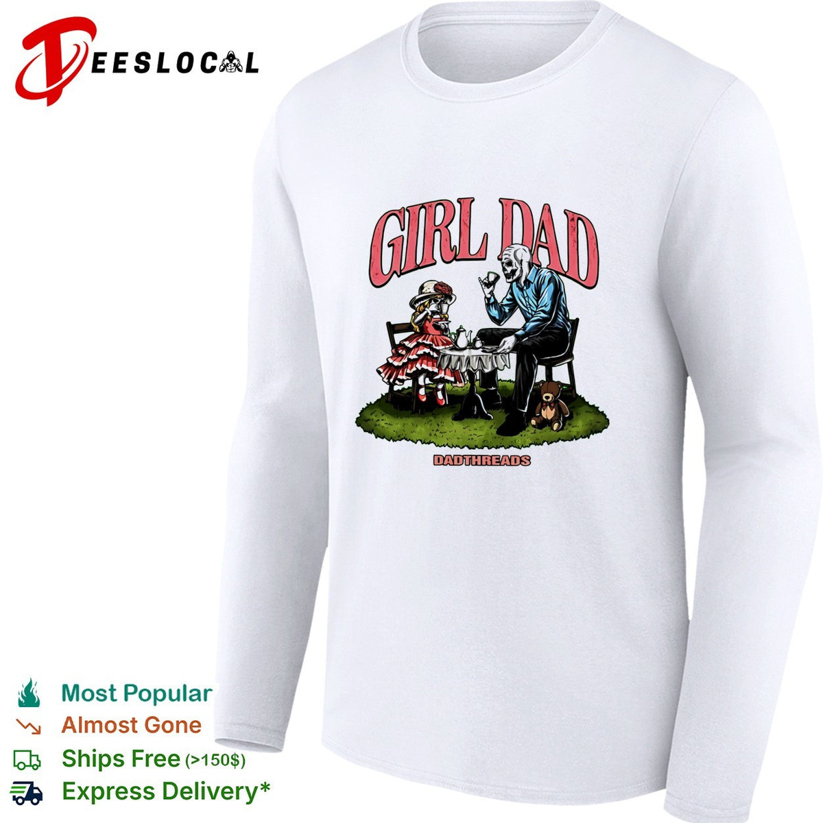 Girl Dad skeleton and child tea party illustration Dadthreads brand graphic shirt