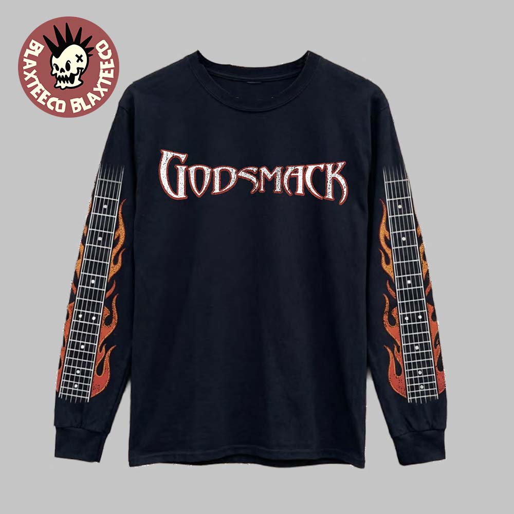 Godsmack The Rise Of Rock World Tour 2026 Merch Flame Guitar Long Sleeve Tee