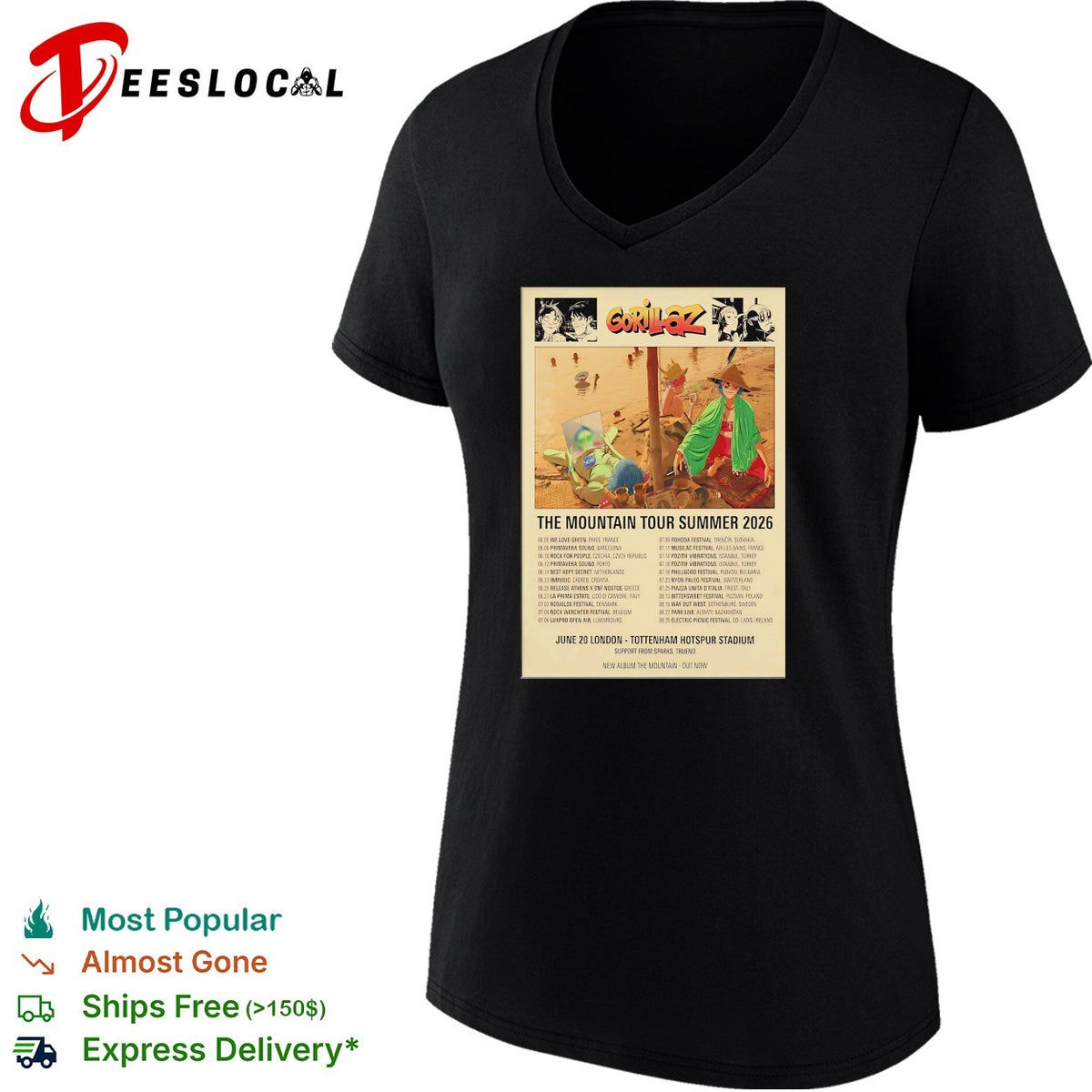 Gorillaz The Mountain Tour Summer 2026 London Tottenham Hotspur Stadium shirt