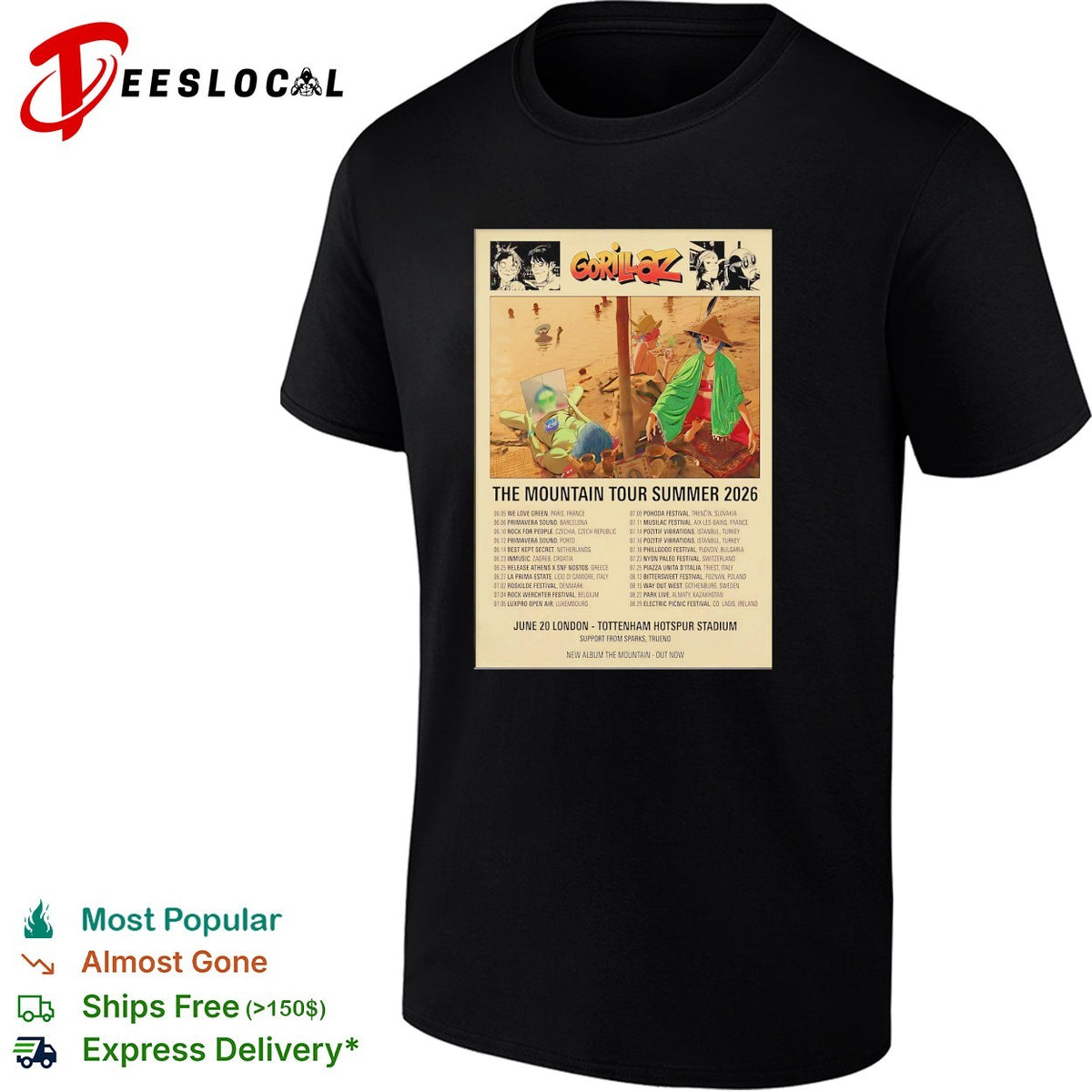 Gorillaz The Mountain Tour Summer 2026 London Tottenham Hotspur Stadium shirt