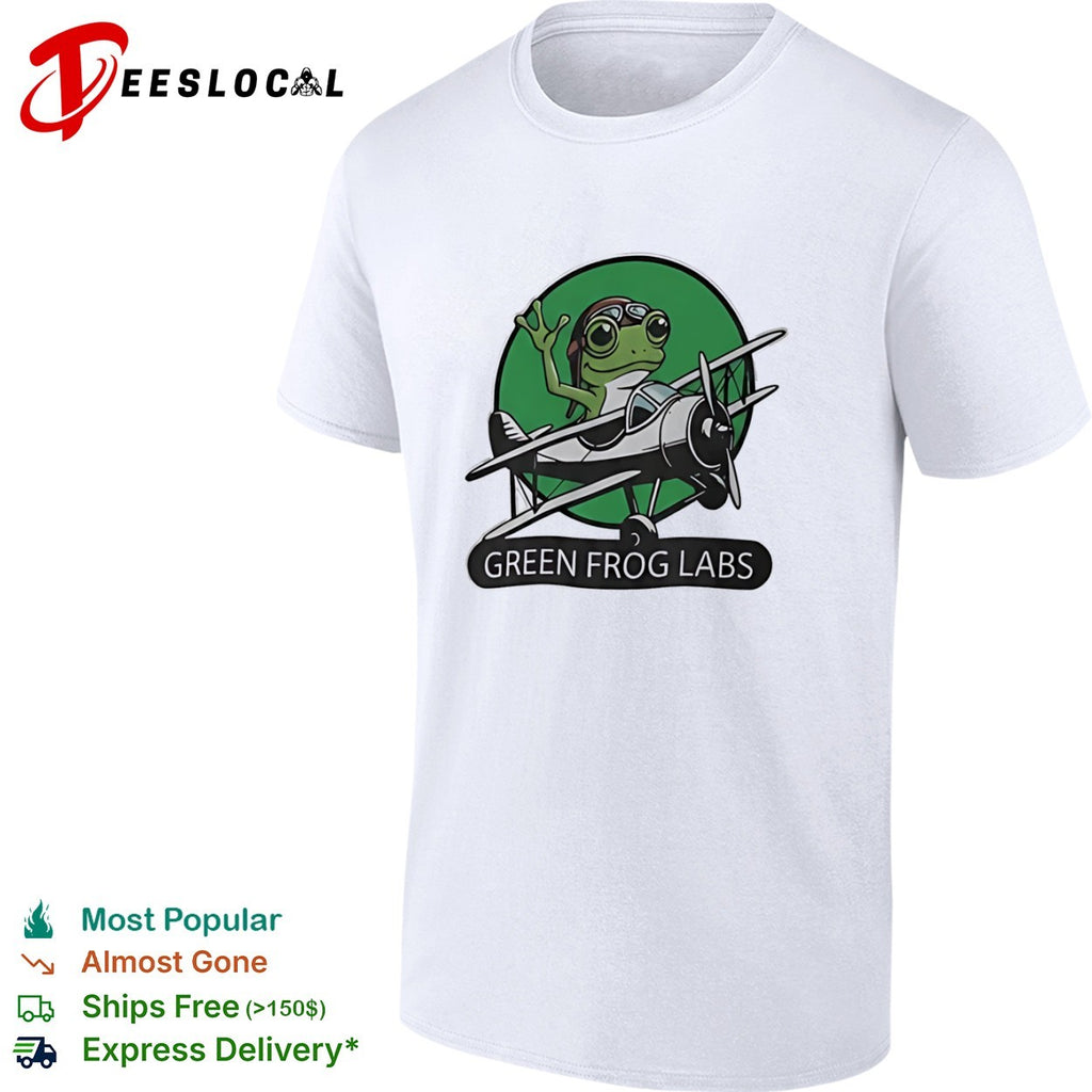 Green Frog Labs airplane flying frog mascot shirt