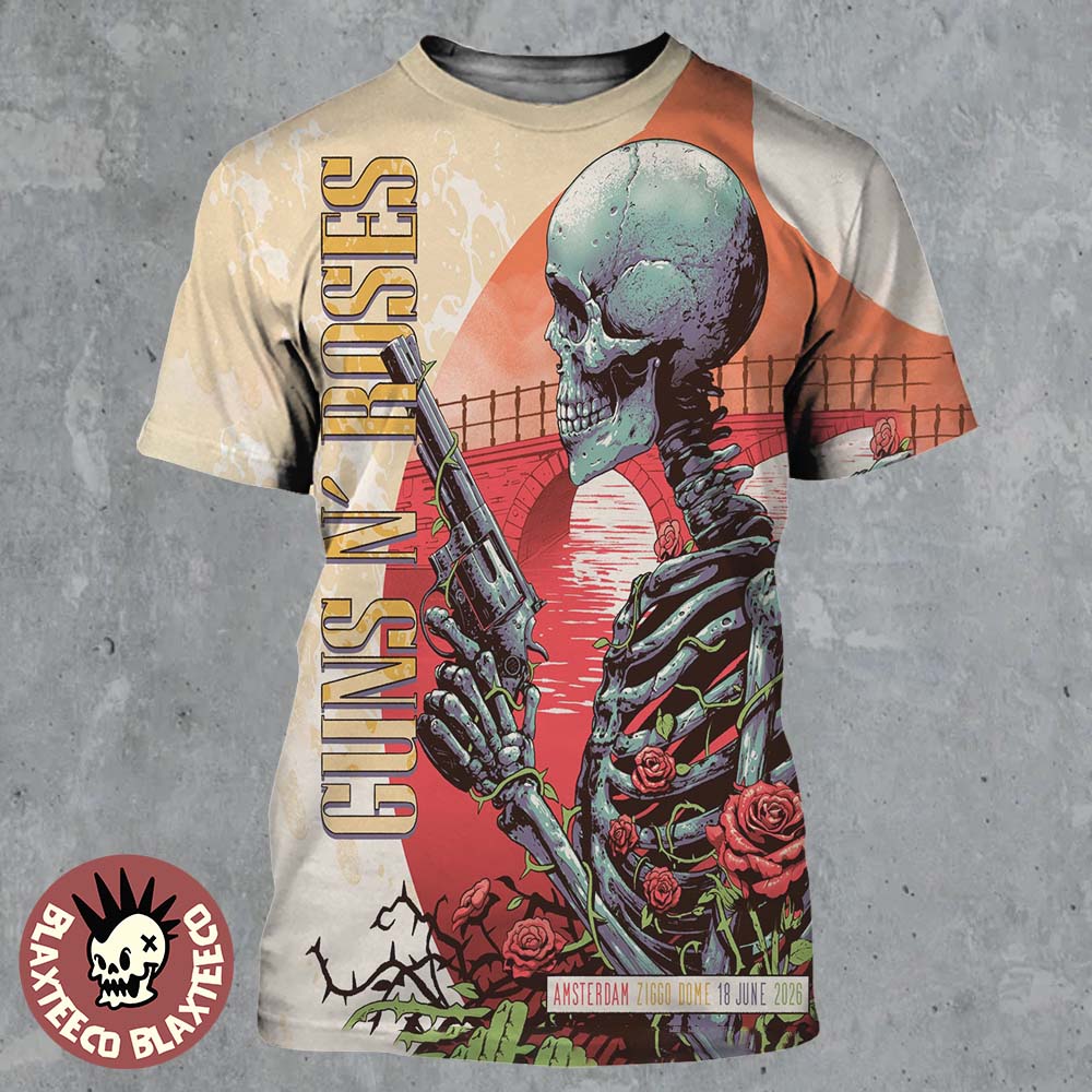 Guns N Roses Amsterdam Netherlands 2026 Event Poster At Ziggo Dome On 18 June 2026 The Skeleton With A Gun And Roses All Over Print Shirt
