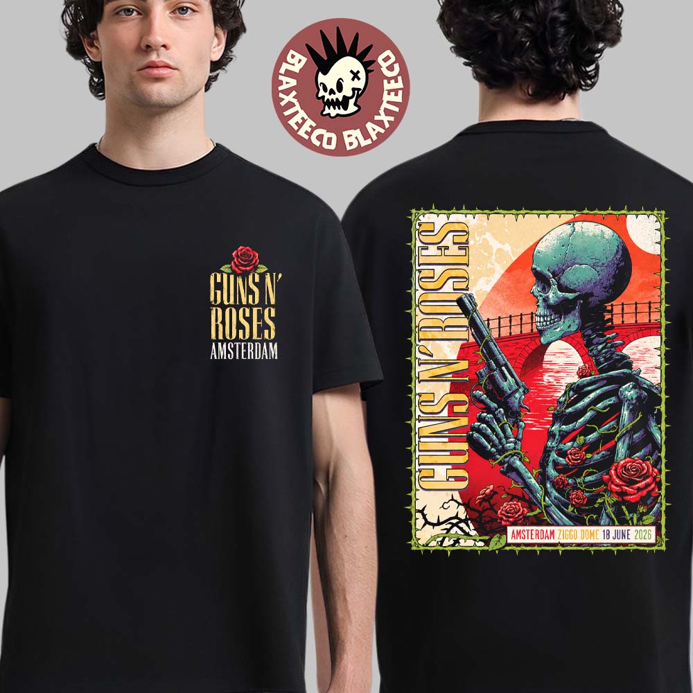 Guns N Roses Amsterdam Netherlands 2026 Exclusive Event Tee At Ziggo Dome On 18 June 2026 Skeleton With Gun And Roses T-Shirt