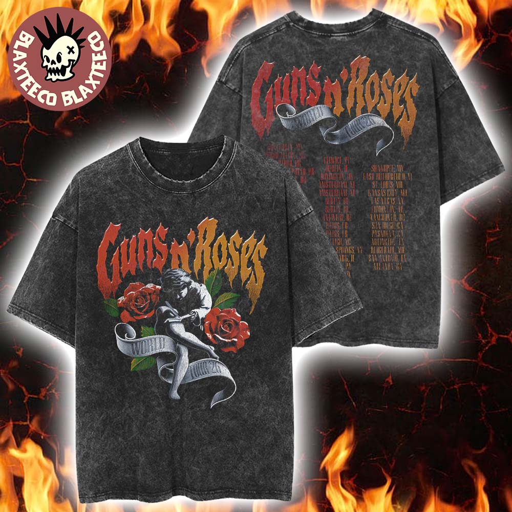 Guns N Roses World Tour 2026 Merch Use Your Illusion Art With Dates Vintage Washed Tee