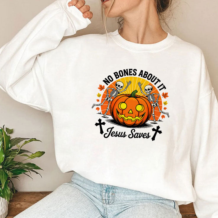 Halloween Christian Skeleton Pumpkin No Bones About It Jesus Saves T Shirt