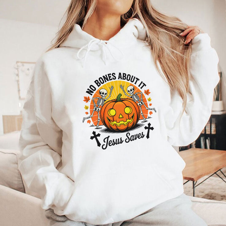 Halloween Christian Skeleton Pumpkin No Bones About It Jesus Saves T Shirt