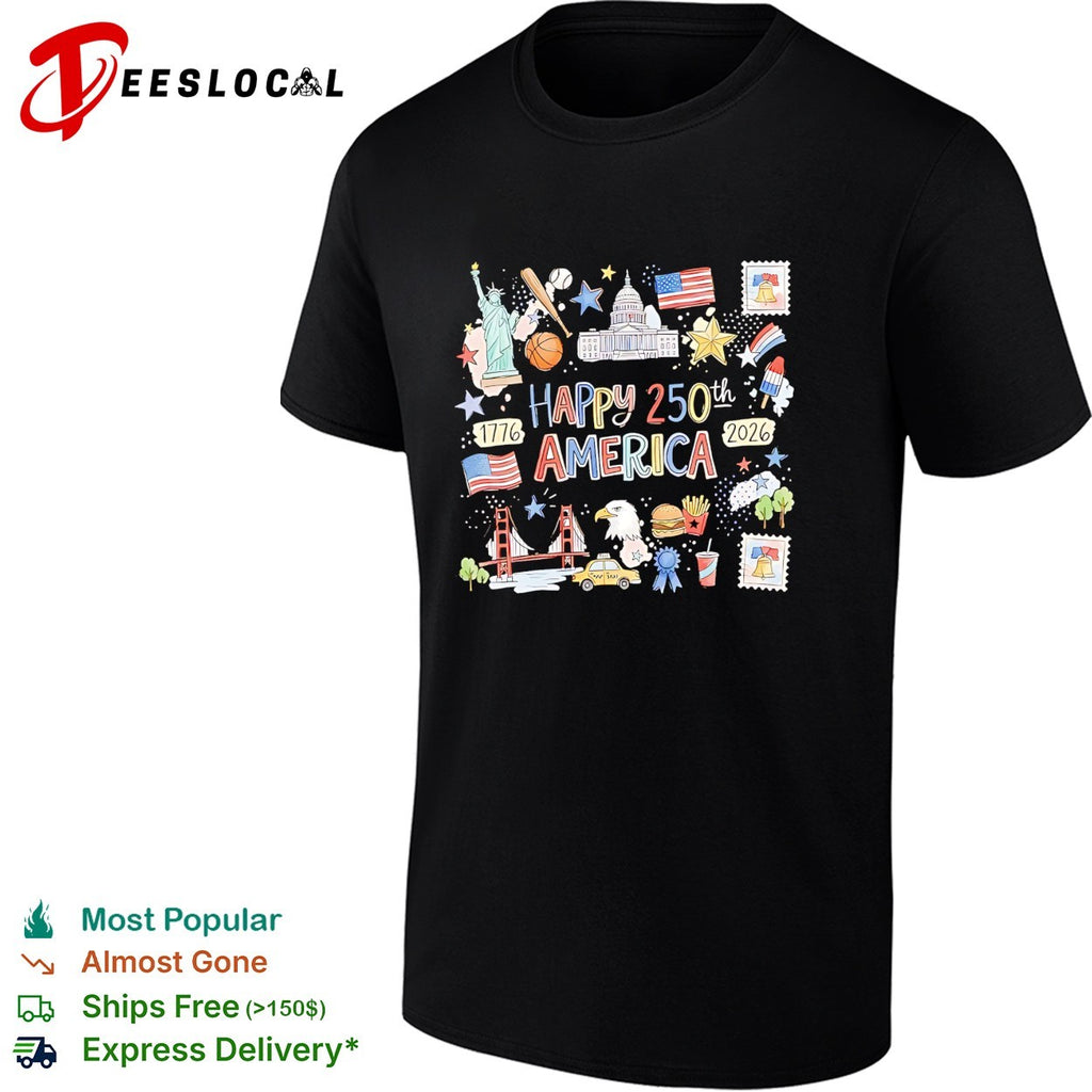 Happy 250th America 1776 2026 patriotic icon collage Statue of Liberty eagle shirt