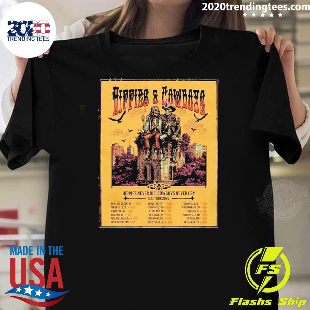 Hippies and Cowboys Hippies Never Die, Cowboys Never Cry 2026 European Tour Shirt