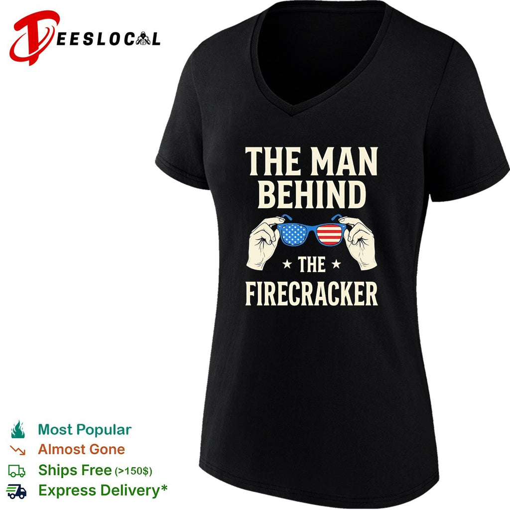 Holding sunglasses with USA flag pattern the man behind the firecracker retro shirt