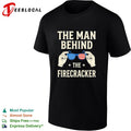 Holding sunglasses with USA flag pattern the man behind the firecracker retro shirt